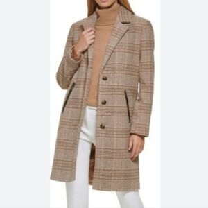 DKNY Plaid Wool Blend Button-Front Fully Lined Midi Coat, Medium